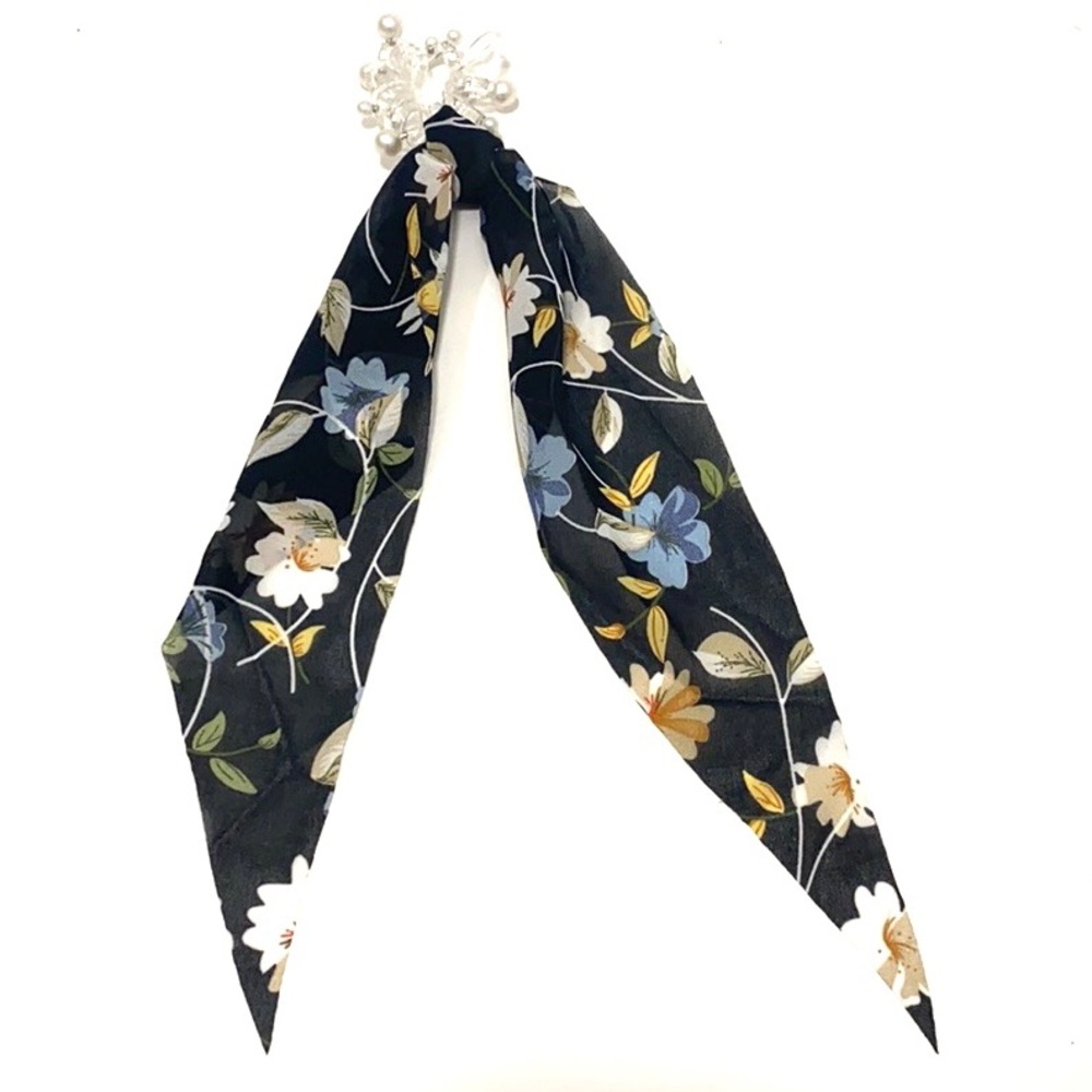 Black Floral Hair Scarf Coil Ponytail Holder With Faux Pearls